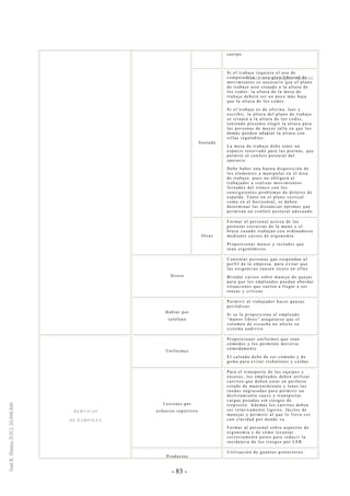- 83 -
cuerpo.
Sentado
Si el trabajo requiere el uso de
computadora y una gran libertad de
movimientos es necesario que el plano
de trabajo esté situado a la altura de
los codos; la altura de la mesa de
trabajo deberá ser un poco más baja
que la altura de los codos.
Si el trabajo es de oficina, leer y
escribir, la altura del plano de trabajo
se situará a la altura de los codos,
teniendo presente elegir la altura para
las personas de ma yor talla ya que los
demás pueden adaptar la altura con
sillas regulables.
La mesa de trabajo debe tener un
espacio reservado para las piernas, que
permite el confort postural del
operario.
Debe haber una buena disposición de
los elementos a manipular en el área
de trabajo, pues no obligará al
trabajador a realizar movimientos
forzados del tronco con los
consiguientes problemas de dolores de
espalda. Tanto en el plano vertical
como en el horizontal, se deben
determinar las distancias óptimas que
permitan un confort postural adecuado.
Otras
Formar al personal acerca de las
posturas correctas de la mano y el
brazo cuando trabajan con ordenadores
mediante cursos de ergonomía.
Proporcionar mouse y teclados que
sean ergonómicos.
Stress
Contratar personas que respondan al
perfil de la empresa, para evitar que
las exigencias causen stress en ellos.
Brindar cursos sobre manejo de quejas
para que los empleados puedan abordar
situaciones que suelen a llegar a ser
tensas y críticas.
Hablar por
teléfono
Permitir al trabajador hacer pausas
periódicas.
Si se le proporciona al empleado
“manos libres” asegurarse que el
volumen de escucha no afecte su
sistema auditivo.
Uniformes
Proporcionar uniformes que sean
cómodos y les permitan moverse
cómodamente.
El calzado debe de ser cómodo y de
goma para evitar resbalones y caídas.
Lesiones por
esfuerzo repetitivo
Para el transporte de los equipos y
enseres, los empleados deben utilizar
carritos que deben estar en perfecto
estado de mantenimiento y tener las
ruedas engrasadas para permitir un
deslizamiento suave y transportar
cargas pesadas sin riesgos de
tropiezos. Además los carritos deben
ser relativamente ligeros, fáciles de
manejar y permitir al que lo lleva ver
con claridad por donde va.
Formar al personal sobre aspectos de
ergonomía y de cómo levantar
correctamente pesos para reducir la
incidencia de los riesgos por LER.
SE R V I C I O
D E LI M P IE ZA
Productos
Utilización de guantes protectores.
Continúa en la página siguiente
 