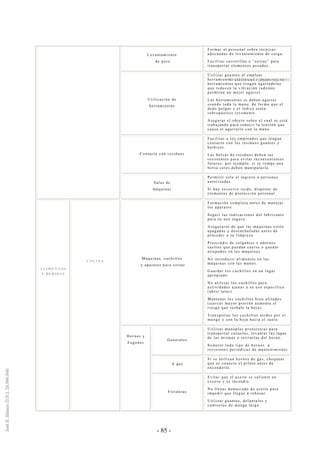 - 85 -
Levantamiento
de peso
Formar al personal sobre técnicas
adecuadas de levantamiento de carga.
Facilitar carretillas o “zorras” para
transportar elementos pesados.
Utilización de
herramientas
Utilizar guantes al emplear
herramientas eléctricas o proporcionar
herramientas que tengan agarraderas
que reducen la vibración (además
permiten un mejor agarre).
Las herramientas se deben agarrar
usando toda la mano, de forma que el
dedo pulgar y el índice estén
sobrepuestos levemente.
Asegurar el objeto sobre el cual se está
trabajando para reducir la tensión que
causa el agarrarlo con la mano.
Contacto con residuos
Facilitar a los empleados que tengan
contacto con los residuos guantes y
barbijos.
Las bolsas de residuos deben ser
resistentes para evitar inconvenientes
futuros; por ejemplo, si se rompe una
bolsa estos deben manipularla.
Salas de
máquinas
Permitir solo el ingreso a personas
autorizadas.
Si hay excesivo ruido, disponer de
elementos de protección personal.
Máquinas, cuchillos
y aparatos para cortar
Formación completa antes de manejar
los aparatos.
Seguir las indicaciones del fabricante
para su uso seguro.
Asegurarse de que las máquinas estén
apagadas y desenchufadas antes de
proceder a su limpieza.
Prescindir de colgantes y adornos
sueltos que puedan caerse o quedar
atrapados en las máquinas.
No introducir alimentos en las
máquinas con las manos.
Guardar los cuchillos en un lugar
apropiado.
No utilizar los cuchillos para
actividades ajenas a su uso específico
(abrir latas).
Mantener los cuchillos bien afilados
(ejercer mayor presión aumenta el
riesgo que resbale la hoja).
Transportar los cuchillos asidos por el
mango y con la hoja hacia el suelo.
Generales
Utilizar manoplas protectoras para
transportar cazuelas, levantar las tapas
de las mismas o retirarlas del horno.
Someter todo tipo de hornos a
revisiones periódicas de mantenimiento
A gas
Si se utilizan hornos de gas, chequear
que se conecte el piloto antes de
encenderlo.
A L I M E N T O S
Y B E B I D A S
C O C I N A
Hornos y
Fogones
Freidoras
Evitar que el aceite se caliente en
exceso y se incendie.
No llenar demasiado de aceite para
impedir que llegue a rebosar.
Utilizar guantes, delantales y
camisetas de manga larga
Continúa en la página siguiente
 