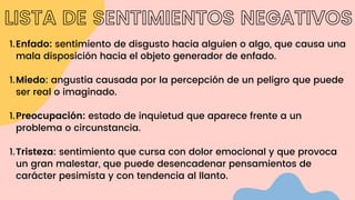 LISTA DE SENTIMIENTOS NEGATIVOS
Enfado: sentimiento de disgusto hacia alguien o algo, que causa una
mala disposición hacia el objeto generador de enfado.
Miedo: angustia causada por la percepción de un peligro que puede
ser real o imaginado.
Preocupación: estado de inquietud que aparece frente a un
problema o circunstancia.
Tristeza: sentimiento que cursa con dolor emocional y que provoca
un gran malestar, que puede desencadenar pensamientos de
carácter pesimista y con tendencia al llanto.
1.
1.
1.
1.
 