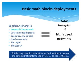 Basic math blocks deployments

Benefits Accruing To:
Investor in the network
Content and applications
Equipment and devices
Local community
The region
The country

Total
benefits
of
high speed
networks

But the only benefits that matter for the investment case are
the benefits that matter to the investor… and as to those…

 