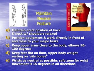 a) Maintain erect position of back
& neck w/ shoulders relaxed
b) Position equipment & work directly in front of
and close to your major tasks
c) Keep upper arms close to the body, elbows 90-
100 degrees
d) Keep feet flat on floor, upper body weight
resting on “sits bones”
e) Wrists as neutral as possible; safe zone for wrist
movement is 15 degrees in all directions
Maintain
Neutral
Posture
 