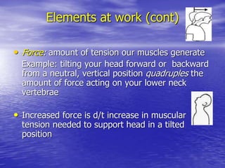 Elements at work (cont)
• Force: amount of tension our muscles generate
Example: tilting your head forward or backward
from a neutral, vertical position quadruples the
amount of force acting on your lower neck
vertebrae
• Increased force is d/t increase in muscular
tension needed to support head in a tilted
position
 