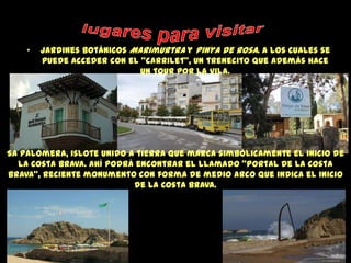 •   Jardines botánicos Marimurtra y Pinya de Rosa. A los cuales se
        puede acceder con el "carrilet", un trenecito que además hace
                             un tour por la vila.




Sa Palomera, islote unido a tierra que marca simbólicamente el inicio de
  la Costa Brava. Ahí podrá encontrar el llamado "Portal de la Costa
Brava", reciente monumento con forma de medio arco que indica el inicio
                           de la Costa Brava.
 