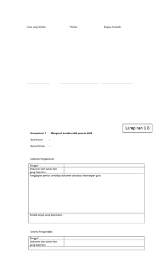 Guru yang dinilai Penilai Kepala Sekolah
…………………….. ………………………………….. ………………………………
Kompetensi 1 : Mengenal karakteristik peserta didik
Nama Guru :
Nama Penilai :
Sebelum Pengamatan
Tanggal
Dokumen dan bahan lain
yang diperiksa
Tanggapan penilai terhadap dokumen dan/atau keterangan guru
Tindak lanjut yang diperlukan :
Selama Pengamatan
Tanggal
Dokumen dan bahan lain
yang diperiksa
Lampiran 1 B
 