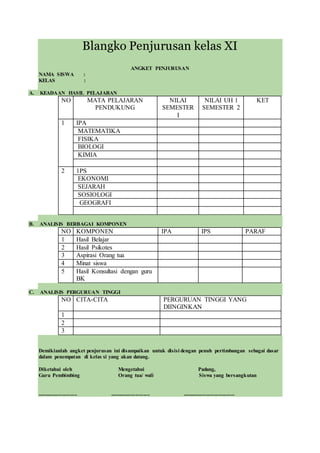 Blangko Penjurusan kelas XI
ANGKET PENJURUSAN
NAMA SISWA :
KELAS :
A. KEADAAN HASIL PELAJARAN
NO MATA PELAJARAN
PENDUKUNG
NILAI
SEMESTER
I
NILAI UH 1
SEMESTER 2
KET
1 IPA
1. MATEMATIKA
2. FISIKA
3. BIOLOGI
4. KIMIA
2 1PS
1. EKONOMI
2. SEJARAH
3. SOSIOLOGI
4. GEOGRAFI
B. ANALISIS BERBAGAI KOMPONEN
NO KOMPONEN IPA IPS PARAF
1 Hasil Belajar
2 Hasil Psikotes
3 Aspirasi Orang tua
4 Minat siswa
5 Hasil Konsultasi dengan guru
BK
C. ANALISIS PERGURUAN TINGGI
NO CITA-CITA PERGURUAN TINGGI YANG
DIINGINKAN
1
2
3
Demikianlah angket penjurusan ini disampaikan untuk disisi dengan penuh pertimbangan sebagai dasar
dalam penempatan di kelas xi yang akan datang.
Diketahui oleh Mengetahui Padang,
Guru Pembimbing Orang tua/ wali Siswa yang bersangkutan
.............................. .............................. .......................................
 