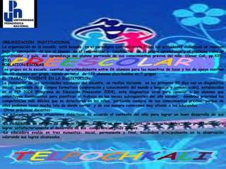 ORGANIZACIÓN  INSTITUCIONALLa organización de la escuela  está basada  en el paradigma constructivista todas las actividades didácticas se realizan bajo la concepción  de que el alumno  es el responsable y  constructor  de su propio aprendizaje y al profesor como un coordinador  y guía, del aprendizaje del alumno partiendo de sus conocimientos previos del niño. (Cesar Coll, pp.435-453).POBLACION ESCOLARLos grupos en la escuela  cuentan aproximadamente entre 26 alumnos para las maestras de base y las de apoyo cuentan con 20 alumnos por grupo, siendo un total  de 172 alumnos distribuidos en 7 grupos. EL TRABAJO DOCENTE EN LA INSTITUCIONLa planeación de las actividades escolares del docente, se realiza iniciando  en los primeros 30 días con un diagnóstico inicial, partiendo de 2 campos formativos (exploración y conocimiento del mundo o lenguaje y comunicación), establecidos en el PEP 2004 (Programa de Educación Preescolar 2004), este diagnostico sirve para conocer a los alumnos que constituyen fundamentos para planificar el trabajo en los meses subsiguientes del año escolar,  dándoles prioridad las competencias más débiles que se detectaron en los niños, partiendo siempre de sus conocimientos previos, porque de ellos podemos tener mucha tela de donde cortar  y de esa manera conocemos muy afondo a los educandos. Otras prácticas docentes:La educadora diseña situaciones didácticas de acuerdo al contexto del niño para lograr un buen desarrollo de sus competencias.