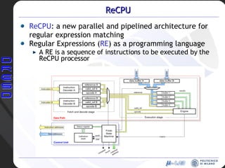 ReCPU ReCPU : a new parallel and pipelined architecture for regular expression matching Regular Expressions ( RE ) as a   programming language A RE is a sequence of instructions to be executed by the ReCPU processor 