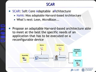 SCAR SCAR :  S oft  C ore  A daptable  a R chitecture NaHA : Nios adaptable Harvard-based Architecture What’s next: Leon, MicroBlaze... Propose an adaptable Harvard-based architecture able to meet at the best the specific needs of an application that has to be executed on a reconfigurable device 
