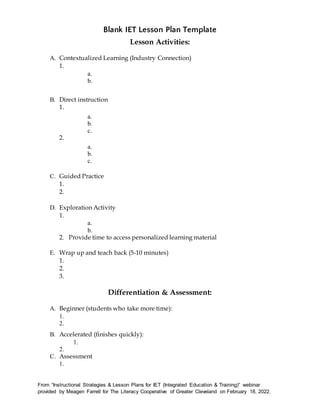 Blank IET Lesson Plan Template (Editable DOCX) | DOCX