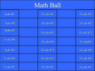  5yds #2 5yds #3 5  yds  #4 5yds #5 5  yds  #6 5  yds  #7 10  yds  #1 10  yds  #2 10  yds  #3 10  yds  #4 10  yds  # 5 10  yds  # 6 10  yds  #7 15  yds  #1 15  yds  #2 15  yds  # 3 15 yds#4 15  yds  #5 15  yds  #6 15  yds  #7 5yds #1 Math Ball 