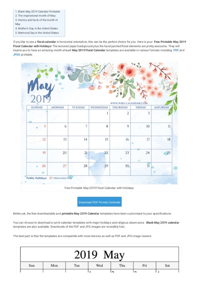 8 Blank Calendar May 2019 Printable