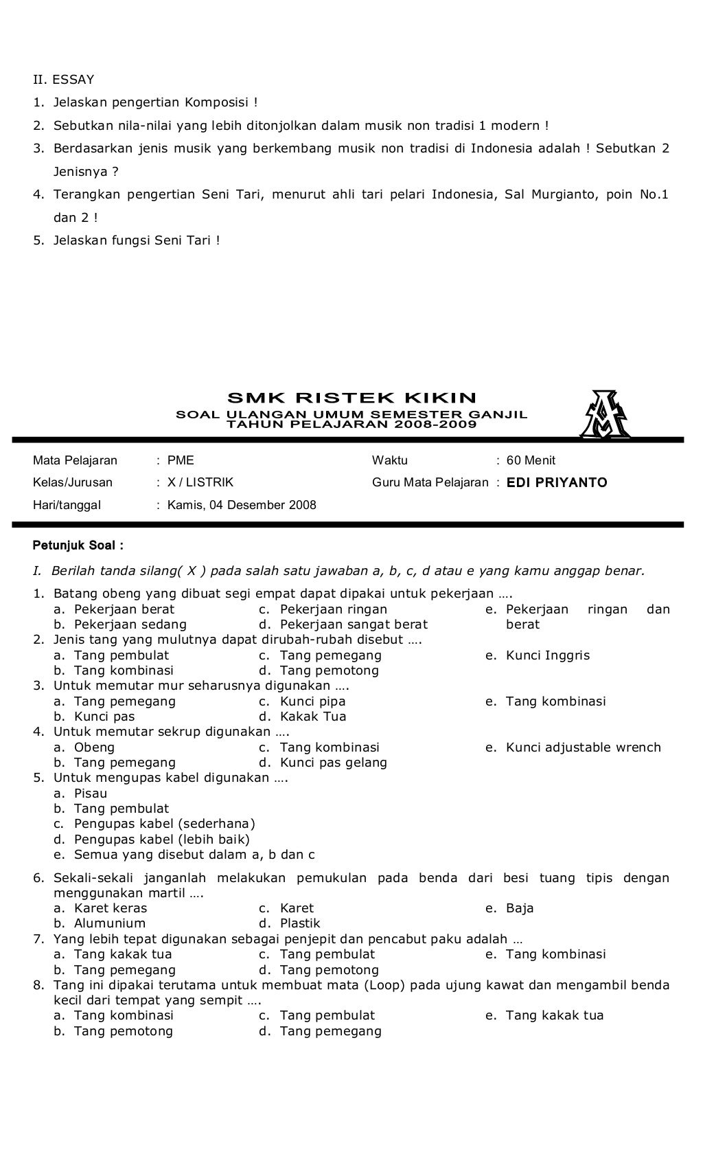 Blanko soal pilihan ganda 1 2008 Blanko soal pilihan ganda 1 2008