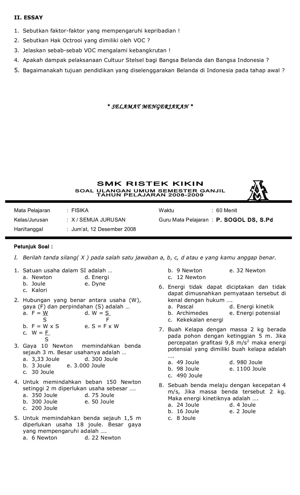 Blanko soal pilihan ganda 1 2008 Blanko soal pilihan ganda 1 2008