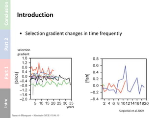 Introduction Selection gradient changes in time frequently François Blanquart – Séminaire MEE 01.06.10 Siepielski et al.2009 years selection gradient 