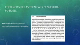EFICIENCIAS DE LAS TECNICAS Y SENSIBILIDAD.
PUBMED.
Meta análisis: Materiales y métodos:
OUTCOME: Blanqueamiento y sencibilidad.
 