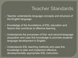Teacher Standards Teacher understands language concepts and structure of the English language. Knowledge of the foundations of ESL education and factors that contribute to effective learning. Understands the processes of first- and second-language acquisition and uses this knowledge to promote students’ language development in English. Understands ESL teaching methods and uses this knowledge to plan and implement effective, developmentally appropriate ESL instruction. 
