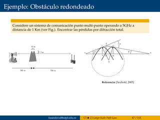 Ejemplo: Obstáculo redondeado
Considere un sistema de comunicación punto multi-punto operando a 5GHz a
distancia de 1 Km (ver Fig.). Encontrar las pérdidas por difracción total.
4 FADING AND MULTIPATH CHARACTERIZATION
(a)
300 m 700 m
3 m
10 m
a
A
B
C
D
E
bg
c
b
a
O
From this information, the angles b and g can be found
and from basic geometry, the angle, a, is found to be
a b g= + = ∞0 826.
b g= ∞ = ∞0 243 0 583. , .
(a)
(b)
300 m 700 m
3 m
10 m
a
A
B
C
D
E
bg
c
b
a
O
Figure 8.15 Diffraction geometry for the double-hill blockage problem. (a) Pictoria
diagram for Example 8.4. (b) Geometric diagram for Example 8.4.
Referencia: [Seybold, 2005]
fasandoval@utpl.edu.ec CI CI-Large-Scale Path Loss 47 / 115
 