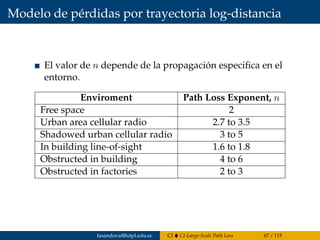 Modelo de pérdidas por trayectoria log-distancia
El valor de n depende de la propagación especiﬁca en el
entorno.
Enviroment Path Loss Exponent, n
Free space 2
Urban area cellular radio 2.7 to 3.5
Shadowed urban cellular radio 3 to 5
In building line-of-sight 1.6 to 1.8
Obstructed in building 4 to 6
Obstructed in factories 2 to 3
fasandoval@utpl.edu.ec CI CI-Large-Scale Path Loss 67 / 115
 