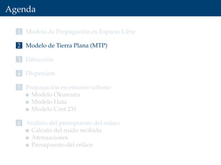 Agenda
1 Modelo de Propagación en Espacio Libre
2 Modelo de Tierra Plana (MTP)
3 Difracción
4 Dispersión
5 Propagación en entorno urbano
Modelo Okumura
Modelo Hata
Modelo Cost 231
6 Análisis del presupuesto del enlace
Cálculo del ruido recibido
Atenuaciones
Presupuesto del enlace
 