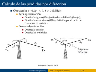 Cálculo de las pérdidas por difracción
Obstáculos (−0.6r1 < h, f > 30MHz):
1era aproximación:
Obstáculo agudo (OAg) o ﬁlo de cuchillo (Knife-edge).
Obstáculo redondeado (ORe), deﬁnido por el radio de
curvatura en la cima r
Se considera también:
Obstáculo aislado.
Obstáculos múltiples.
Referencia: [Seybold, 2005]
fasandoval@utpl.edu.ec CI CI-Large-Scale Path Loss 33 / 68
 