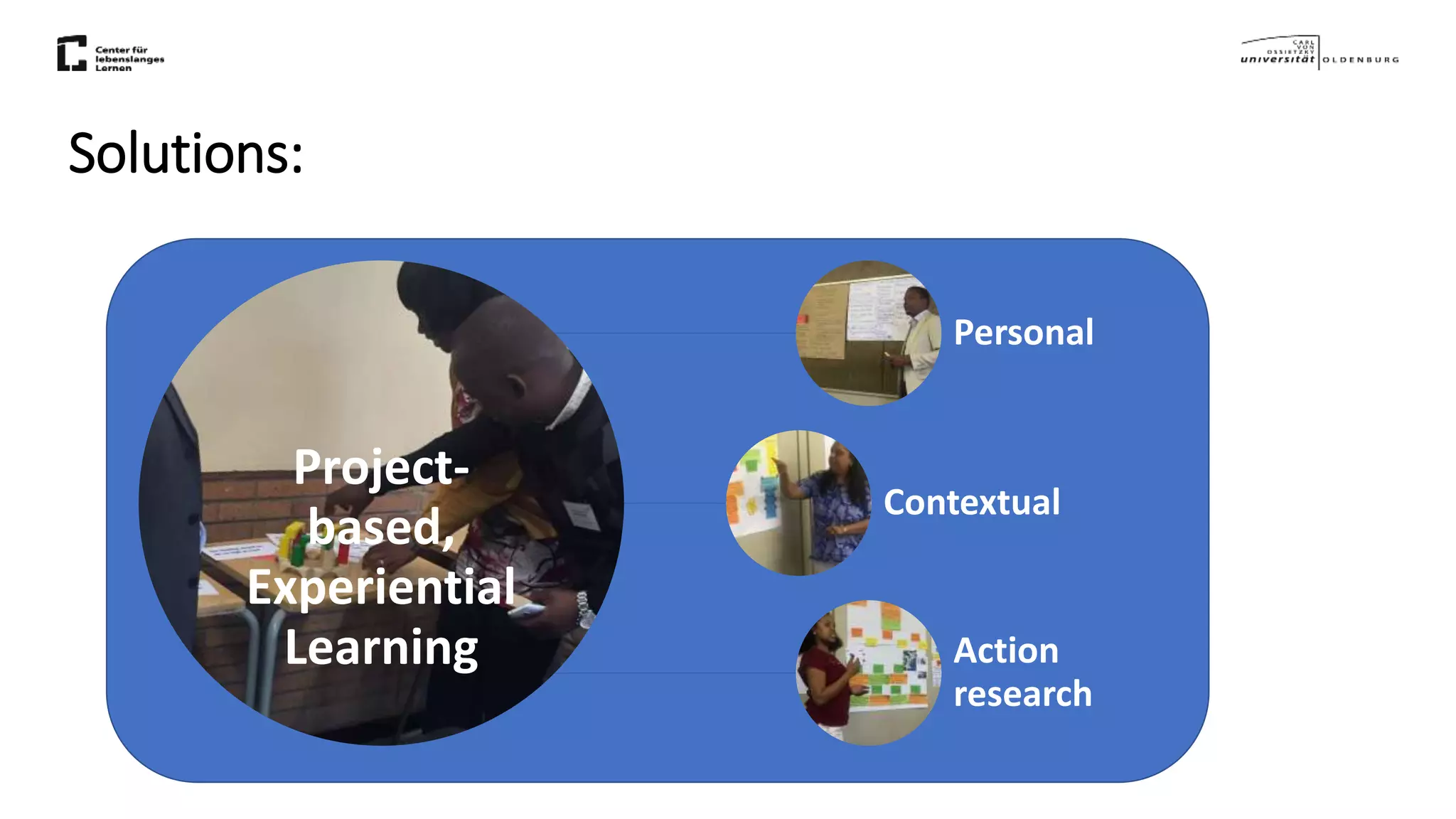 Solutions:
Project-
based,
Experiential
Learning
Personal
Contextual
Action
research
 