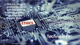 Technology
Technology
Web 2.0 / Web 3.0
Artificial intelligence
Authentic learning
Learning analytics
Mobile learning
Robotics (Bots)
(Adams et al., 2017; Bersin, 2017)
ETHICS
 