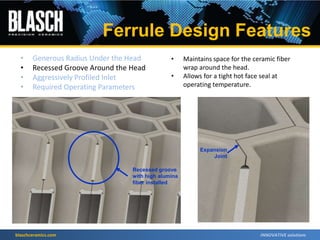 blaschceramics.com
• Maintains space for the ceramic fiber
wrap around the head.
• Allows for a tight hot face seal at
operating temperature.
Recessed groove
with high alumina
fiber installed
• Generous Radius Under the Head
• Recessed Groove Around the Head
• Aggressively Profiled Inlet
• Required Operating Parameters
Ferrule Design Features
Expansion
Joint
 