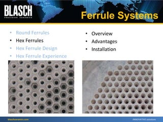 blaschceramics.com
• Round Ferrules
• Hex Ferrules
• Hex Ferrule Design
• Hex Ferrule Experience
• Overview
• Advantages
• Installation
Ferrule Systems
 