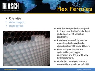 blaschceramics.com
• Overview
• Advantages
• Installation
– Ferrules are specifically designed
to fit each application’s tubesheet
and unique set of operating
conditions.
– Have been successfully used in
waste heat boilers with tube
diameters from 20mm to 200mm.
– Particularly compatible with
systems that use oxygen
enrichment and those with very
large tubesheets.
– Available in a range of alumina
compositions to suit, up to 99.6%
Hex Ferrules
 