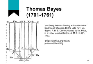 Thomas Bayes
(1701-1761)
14
“An Essay towards Solving a Problem in the
Doctrine of Chances. By the Late Rev. Mr.
Bayes, F....
