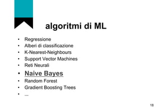 algoritmi di ML
•  Regressione
•  Alberi di classificazione
•  K-Nearest-Neighbours
•  Support Vector Machines
•  Reti Neu...
