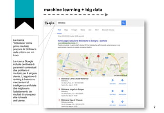 machine learning + big data
7
La ricerca
“biblioteca” come
primo risultato
propone la biblioteca
della città in cui mi
tro...
