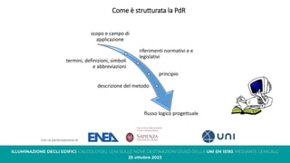 Come è strutturata la PdR
scopo e campo di
applicazione
riferimenti normativi e e
legislativi
termini, definizioni, simboli
e abbreviazioni
principio
descrizione del metodo
flusso logico progettuale
 