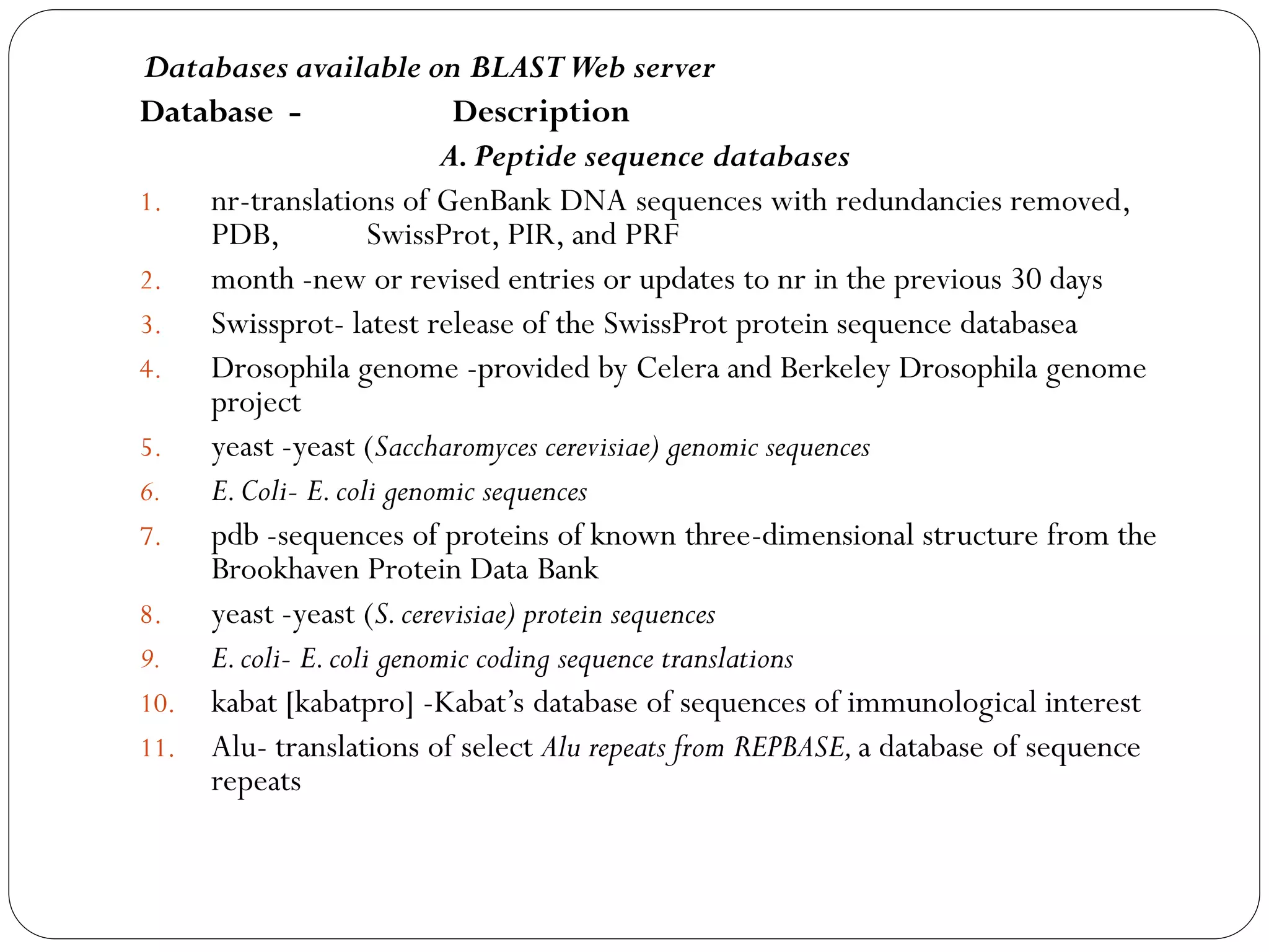 Databases available on BLAST Web server
Database Description
A. Peptide sequence databases
1.
nr-translations of GenBank DNA sequences with redundancies removed,
PDB,
SwissProt, PIR, and PRF
2.
month -new or revised entries or updates to nr in the previous 30 days
3.
Swissprot- latest release of the SwissProt protein sequence databasea
4.
Drosophila genome -provided by Celera and Berkeley Drosophila genome
project
5.
yeast -yeast (Saccharomyces cerevisiae) genomic sequences
6.
E. Coli- E. coli genomic sequences
7.
pdb -sequences of proteins of known three-dimensional structure from the
Brookhaven Protein Data Bank
8.
yeast -yeast (S. cerevisiae) protein sequences
9.
E. coli- E. coli genomic coding sequence translations
10. kabat [kabatpro] -Kabat’s database of sequences of immunological interest
11. Alu- translations of select Alu repeats from REPBASE, a database of sequence
repeats

 