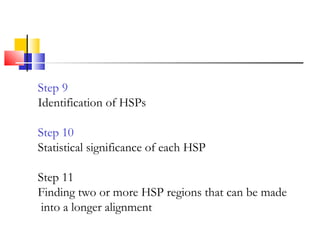Step 9
Identification of HSPs
Step 10
Statistical significance of each HSP
Step 11
Finding two or more HSP regions that can be made
into a longer alignment
 