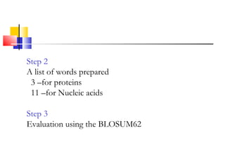 Step 2
A list of words prepared
3 –for proteins
11 –for Nucleic acids
Step 3
Evaluation using the BLOSUM62
 