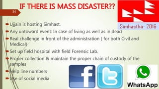 IF THERE IS MASS DISASTER??
Ujjain is hosting Simhast.
Any untoward event: In case of living as well as in dead
Real challenge in front of the administration ( for both Civil and
Medical)
Set up field hospital with field Forensic Lab.
Proper collection & maintain the proper chain of custody of the
samples
Help line numbers
Use of social media
34
 