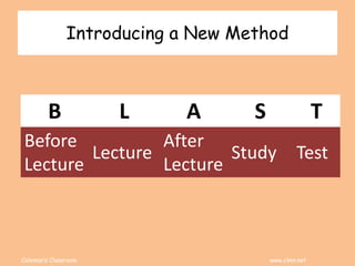 Coleman’s Classroom www.clmn.net
Introducing a New Method
B L A S T
Before
Lecture
Lecture
After
Lecture
Study Test
 