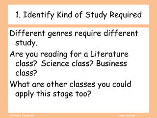 Coleman’s Classroom www.clmn.net
1. Identify Kind of Study Required
Different genres require different
study.
Are you reading for a Literature
class? Science class? Business
class?
What are other classes you could
apply this stage too?
 