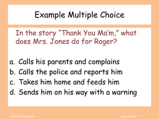 Coleman’s Classroom www.clmn.net
Example Multiple Choice
In the story “Thank You Ma’m,” what
does Mrs. Jones do for Roger?
a. Calls his parents and complains
b. Calls the police and reports him
c. Takes him home and feeds him
d. Sends him on his way with a warning
 