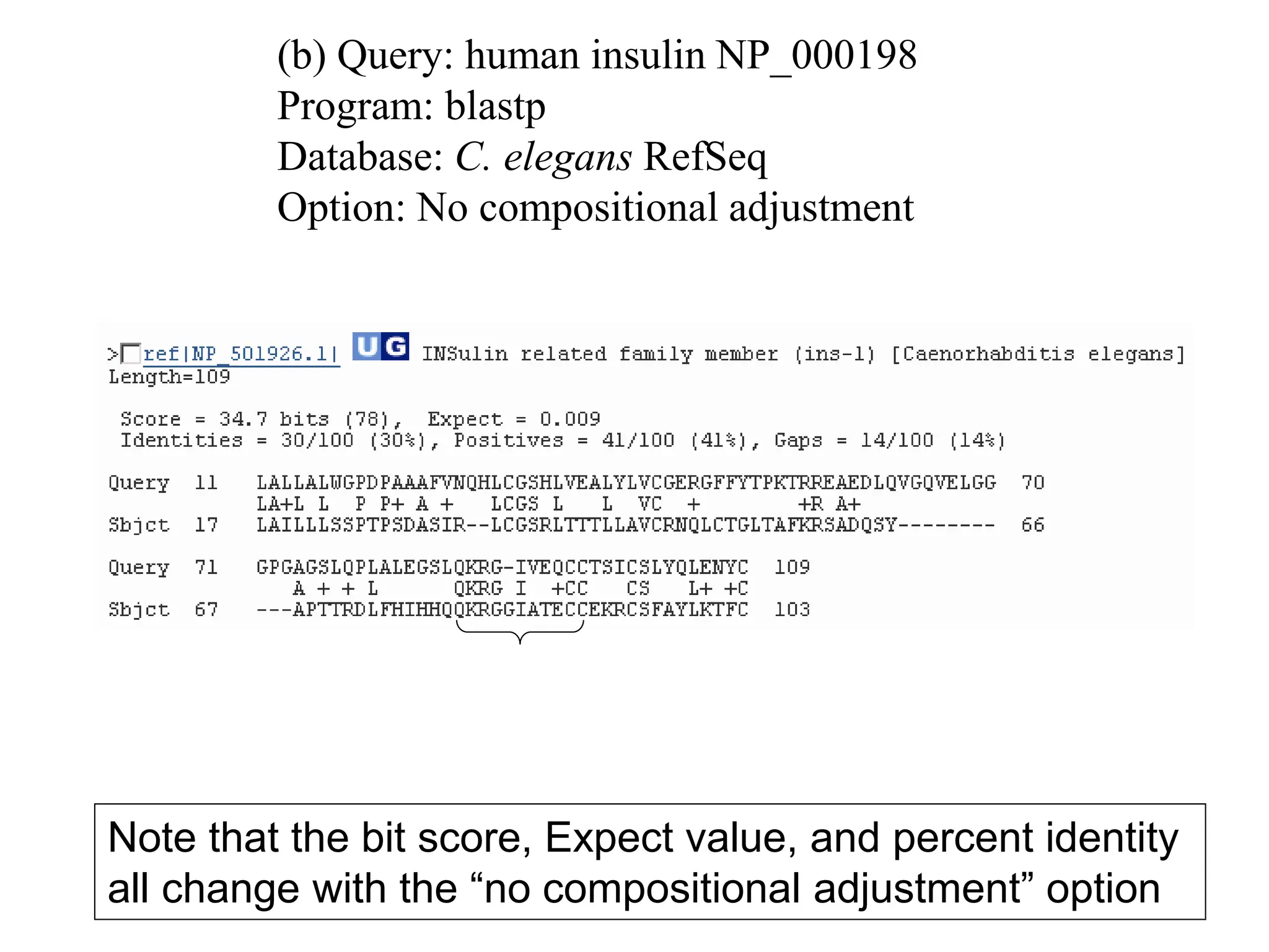 (b) Query: human insulin NP_000198
Program: blastp
Database: C. elegans RefSeq
Option: No compositional adjustment
Note that the bit score, Expect value, and percent identity
all change with the “no compositional adjustment” option
 
