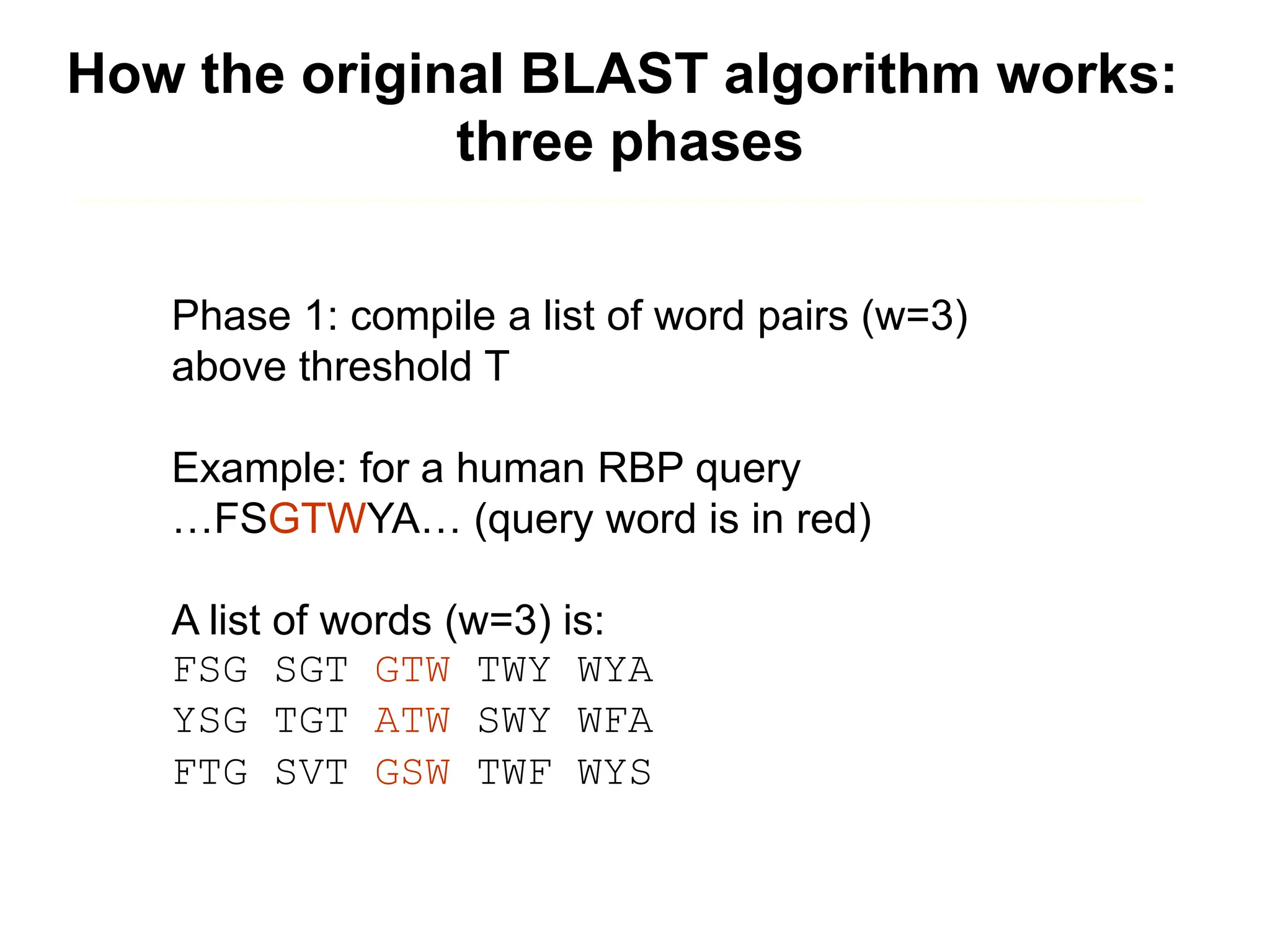 How the original BLAST algorithm works:
three phases
Phase 1: compile a list of word pairs (w=3)
above threshold T
Example: for a human RBP query
…FSGTWYA… (query word is in red)
A list of words (w=3) is:
FSG SGT GTW TWY WYA
YSG TGT ATW SWY WFA
FTG SVT GSW TWF WYS
 