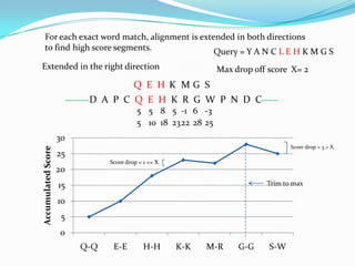 Q E H
D A P C Q E H K R G W P N D C
For each exact word match, alignment is extended in both directions
to find high score segments.
Extended in the right direction Max drop off score X= 2
0
5
10
15
20
25
30
Q-Q E-E H-H K-K M-R G-G S-W
AccumulatedScore
5 5 8
Score drop = 3 > X
Score drop = 1 <= X
Trim to max
Query = Y A N C L E H K M G S
K
5
235 10 18
M
-1
22
G
6
28
S
-3
25
 