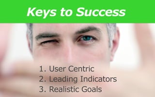 Keys to Success
1. User Centric
2. Leading Indicators
3. Realistic Goals
 