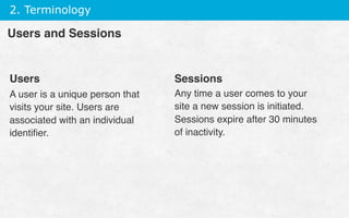 2. Terminology
Users Sessions
A user is a unique person that
visits your site. Users are
associated with an individual
identiﬁer.
Users and Sessions
Any time a user comes to your
site a new session is initiated.
Sessions expire after 30 minutes
of inactivity.
 