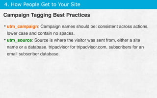 4. How People Get to Your Site
• utm_campaign: Campaign names should be: consistent across actions,
lower case and contain no spaces.
• utm_source: Source is where the visitor was sent from, either a site
name or a database. tripadvisor for tripadvisor.com, subscribers for an
email subscriber database.
Campaign Tagging Best Practices
 