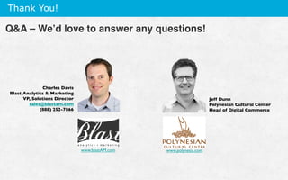 Thank You!
QA – We’d love to answer any questions!
Charles Davis
Blast Analytics  Marketing
VP, Solutions Director
sales@blastam.com
(888) 252-7866
Jeff Dunn
Polynesian Cultural Center
Head of Digital Commerce
www.blastAM.com www.polynesia.com
 