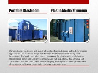 Portable Blastroom                              Plastic Media Stripping




Our selection of blastrooms and industrial painting booths designed and built for specific
applications. Our blastroom range includes includes blastrooms for blasting steel
fabrications, ship blocks and wind towers; blastrooms for blasting with steel abrasives,
plastic media, garnet and non ferrous abrasives, as well as portable, dual abrasive and
combination blast and paint rooms. Industrial spray painting can be accomplished in one
of our custom built spray booths or in ventilated open spray area.
 