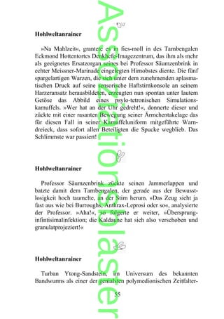 Hohlweltanrainer
»Na Mahlzeit«, grantete es in fies-moll in des Tarnbengalen
Eckmond Hottentortes Denkhefe-Imagezentrum, das ihm als mehr
als geeignetes Ersatzorgan seines bei Professor Säumzenbrink in
echter Meissner-Marinade eingelegten Hirnobstes diente. Die fünf
spargelartigen Warzen, die sich unter dem zunehmenden aplasma-
tischen Druck auf seine sensorische Haftstirnkonsole an seinem
Harzeransatz herausbildeten, erzeugten nun spontan unter lautem
Getöse das Abbild eines psylo-tetronischen Simulations-
kamuffels. »Wer hat an der Uhr gedreht!«, donnerte dieser und
zückte mit einer rasanten Bewegung seiner Ärmchentakelage das
für diesen Fall in seiner Kamuffeluniform mitgeführte Warn-
dreieck, dass sofort allen Beteiligten die Spucke wegblieb. Das
Schlimmste war passiert!
Hohlweltanrainer
Professor Säumzenbrink zückte seinen Jammerlappen und
batzte damit dem Tarnbengalen, der gerade aus der Bewusst-
losigkeit hoch taumelte, an der Stirn herum. »Das Zeug sieht ja
fast aus wie bei Burroughs, Anthrax-Leprosi oder so«, analysierte
der Professor. »Aha!«, so folgerte er weiter, »Übersprung-
infintisimalinfektion; die Kaldaune hat sich also verschoben und
granulatprojeziert!«
Hohlweltanrainer
Turban Ytong-Sandstein, im Universum des bekannten
Bandwurms als einer der genialsten polymedionischen Zeitfalter-
55
Assoziationsblaster
 