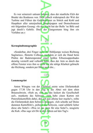 Es war seinerzeit sattsam bekannt, dass der staatliche Elch der
Bruder des Kaukasus war. Dem jedoch widersprach der Wirt der
Turbine und Führer der Gelenkmeister zu Sittich und Kohl und
Hauptherr aller unterjochten Dummjoppen und Domschranzen
mit folgendem Gesang: »In der Nacht hat der Bulle ’ne Bölz und
jagt durch’s Gehölz. Doch der Gangesmann hing ihm ein
Verfahre an.«
Kernspindtomographie
»Sonderbar, drei Finger unter der Hohljumpe weisen Richtung
Sagitarius«, flüsterte Colhoun, nachdem er sich die Hand beim
Prüfen der Badetemperatur eines heißen Erbsensuppenbades
derartig versteift und verhornt hatte, dass der Arm so durch das
offene Fenster wies ihm so nicht nur die nötige Klarheit gebracht
der Richtung, sondern per Hitze auch dre...
Lummengrint
Anton Wirrgnu von der Eselinsel setzte seine Elefantenkuh
gegen 17.30 Uhr in den Zug in die Abtei mit dem alten
Braunschwein. »Sieh an, sieh an, das lockert die Gesellschaft
auf«, munkerte das Schwein. »Ich habe einen Karton mit
Petersiliekartoffeln dabei, den ich nun alleine leer mache!«, rollte
die Elefantenkuh dem Schwein entgegen. »Ich scheiße auf Deine
dummen Kartoffeln!«, polterte das Schwein, »und schlürfe lieber
diese alte Sotte!« »Was ist das denn für eine Sotte?«, neugierte
die Kuh. »Das sage ich Dir in drei Jahren auf den Tag!«
88
Assoziationsblaster
 